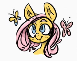 Size: 867x682 | Tagged: safe, artist:fluttershoo, imported from derpibooru, fluttershy, butterfly, bust, female, looking at something, looking up, portrait, simple background, smiling, solo, white background