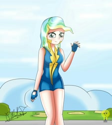 Size: 1800x2000 | Tagged: safe, artist:focusb, imported from derpibooru, vapor trail, human, top bolt, big breasts, busty vapor trail, clothes, cute, female, fingerless gloves, gloves, humanized, solo, uniform, wonderbolt trainee uniform