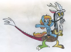 Size: 1345x983 | Tagged: safe, artist:smcho1014, deleted from derpibooru, imported from derpibooru, discord, oc, oc:ilovekimpossiblealot, pegasus, pony, bridle, colored pencil drawing, duo, female, male, mare, mount, reins, riding, tack, traditional art, wander over yonder