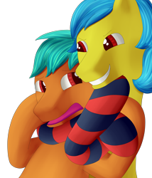 Size: 3000x3500 | Tagged: safe, artist:einboph, imported from derpibooru, oc, oc only, pony, chokehold, clothes, female, grabbing, headlock, male, mare, nervous, simple background, sleeper hold, smiling, socks, squeezing, stallion, stockings, striped socks, thigh highs, wrestling