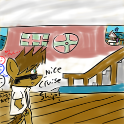 Size: 1024x1024 | Tagged: artist needed, safe, imported from derpibooru, spike, dragon, parasprite, vocational death cruise, ocean, stairs, stick figure, sunglasses