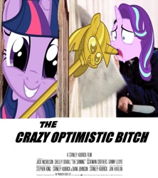 Size: 883x996 | Tagged: safe, imported from derpibooru, starlight glimmer, twilight sparkle, alicorn, pony, meme, movie poster, scepter, the shining, twilight scepter, twilight sparkle (alicorn), vulgar