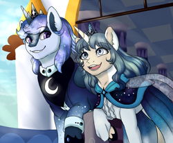 Size: 1044x861 | Tagged: safe, artist:miamaha, artist:starlynxwish, imported from derpibooru, oc, oc only, oc:amadeus, oc:star chime, alicorn, pony, alicorn oc, clothes, crown, dress, jewelry, offspring, parent:oc:glacial streak, parent:princess luna, parents:canon x oc, regalia