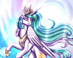 Size: 1629x1300 | Tagged: safe, artist:inspiredpixels, artist:minelvi, imported from derpibooru, princess celestia, alicorn, pony, female, looking back, raised hoof, solo