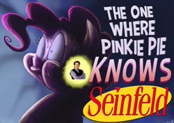 Size: 1024x724 | Tagged: safe, artist:jowyb, artist:jowybean, edit, imported from derpibooru, pinkie pie, the one where pinkie pie knows, bloodshot eyes, meme, seinfeld, title card