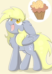 Size: 2893x4092 | Tagged: safe, artist:meowmavi, imported from derpibooru, derpy hooves, pegasus, pony, absurd resolution, chest fluff, cute, derpabetes, female, floppy ears, food, happy, heart eyes, looking up, mare, muffin, open mouth, simple background, solo, that pony sure does love muffins, thought bubble, wingding eyes