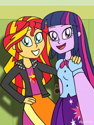 Size: 1200x1600 | Tagged: safe, artist:djgames, imported from derpibooru, sunset shimmer, twilight sparkle, equestria girls, female, lesbian, selfie, shipping, sunsetsparkle