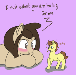 Size: 1912x1895 | Tagged: safe, artist:lou, imported from derpibooru, oc, oc only, oc:louvely, oc:tomson, earth pony, pony, blushing, dialogue, duo, micro, proud, raised hoof, raised leg, size difference, tiny ponies
