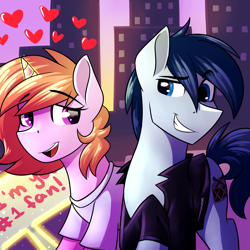 Size: 2000x2000 | Tagged: safe, artist:rubywave32, imported from derpibooru, oc, oc only, oc:rhythm, earth pony, pony, unicorn, building, city, clothes, commission, duo, female, glowing horn, heart, jacket, magic, male, mare, sign, smiling, stallion, straight