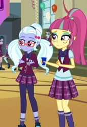 Size: 300x438 | Tagged: safe, imported from derpibooru, screencap, neon lights, rising star, sour sweet, sugarcoat, sunny flare, zephyr, equestria girls, friendship games, background human, clothes, crystal prep academy uniform, school uniform