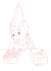 Size: 1459x2048 | Tagged: safe, artist:midnight, imported from derpibooru, oc, oc only, oc:broken flare, dracony, hybrid, dunce hat, hat, sketch