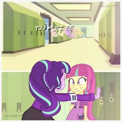 Size: 480x480 | Tagged: artist needed, safe, edit, imported from derpibooru, sour sweet, starlight glimmer, equestria girls, kabedon