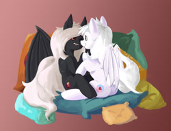 Size: 1827x1395 | Tagged: artist needed, source needed, safe, imported from derpibooru, oc, oc only, oc:midnight ruby, oc:wynter skye, bat pony, pony, buttcrack, cute, fangs, long tail, nuzzling, pillow, red eyes, shipping