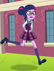 Size: 550x720 | Tagged: safe, imported from derpibooru, screencap, sci-twi, twilight sparkle, equestria girls, friendship games, clothes, cropped, crystal prep academy uniform, female, glasses, hair bun, magic capture device, running, scared, school uniform, shoes, skirt, socks, solo