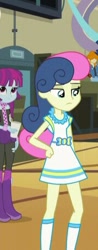 Size: 180x457 | Tagged: safe, imported from derpibooru, screencap, bon bon, mystery mint, sweetie drops, valhallen, equestria girls, friendship games, background human, boots, bracelet, clothes, cup, dress, fingerless gloves, gloves, hand on hip, high heel boots, jewelry, pants, pantyhose, ripped pantyhose, scarf, skirt, socks