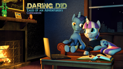 Size: 3840x2160 | Tagged: safe, artist:seriff-pilcrow, imported from derpibooru, night light, twilight velvet, series:daring did tales of an adventurer's companion, 3d, book, computer, couch, female, fireplace, glass, high res, laptop computer, male, nightvelvet, prone, sapphire statue, shipping, straight, wine glass