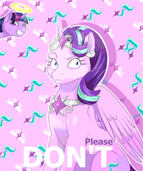 Size: 1000x1200 | Tagged: safe, artist:dedonnerwolke, imported from derpibooru, starlight glimmer, twilight sparkle, alicorn, pony, alicornified, crown, cutie mark, drama, grin, halo, jewelry, looking at you, race swap, regalia, sitting, smiling, starlicorn, starlicorn drama, starlight drama, text, twilight sparkle (alicorn), xk-class end-of-the-world scenario