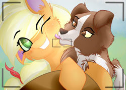 Size: 2501x1780 | Tagged: safe, artist:asimplerarity, imported from derpibooru, applejack, winona, dog, pony, camera shot, cheek fluff, chest fluff, cute, duo, ear fluff, eye clipping through hair, grin, jackabetes, leg fluff, licking, one eye closed, smiling, tongue out, winonabetes