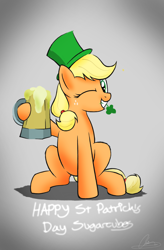 Size: 1984x3024 | Tagged: safe, artist:oinktweetstudios, imported from derpibooru, applejack, earth pony, pony, cider, clover, female, four leaf clover, freckles, gradient background, grin, hat, hoof hold, hooves, mare, mouth hold, mug, one eye closed, saint patrick's day, sitting, smiling, solo, tankard, wink