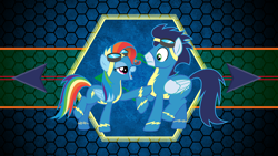 Size: 3840x2160 | Tagged: safe, artist:chrzanek97, artist:laszlvfx, edit, imported from derpibooru, rainbow dash, soarin', pony, newbie dash, bedroom eyes, clothes, female, flirting, goggles, high res, male, rainbow fash, raised leg, shipping, soarindash, straight, uniform, wallpaper, wallpaper edit, wonderbolts uniform