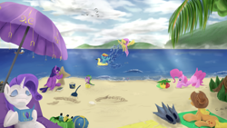 Size: 1920x1080 | Tagged: safe, artist:skyresonance, imported from derpibooru, applejack, fluttershy, gummy, pinkie pie, princess celestia, princess luna, rainbow dash, rarity, spike, twilight sparkle, alicorn, dragon, earth pony, pegasus, pony, unicorn, beach, beach ball, beach umbrella, floatie, floaty, inner tube, mane six, missing cutie mark, ocean, prone, sandcastle, scenery, tanning, twilight sparkle (alicorn)