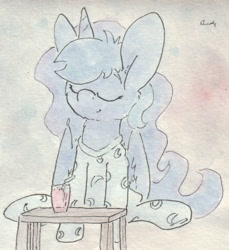 Size: 688x750 | Tagged: safe, artist:slightlyshade, imported from derpibooru, princess luna, eyes closed, female, footed sleeper, sitting, solo, traditional art