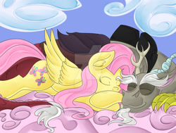 Size: 1024x773 | Tagged: safe, artist:fourze-pony, imported from derpibooru, discord, fluttershy, cloud, eyes closed, friendshipping, prone, sleeping, watermark