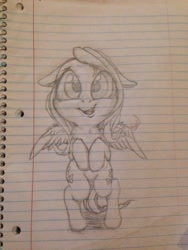 Size: 1024x1365 | Tagged: safe, artist:miokomata, imported from derpibooru, fluttershy, pony, bipedal, both cutie marks, chest fluff, chibi, female, floppy ears, grayscale, hooves to the chest, lined paper, looking at you, monochrome, open mouth, pencil drawing, smiling, solo, spread wings, traditional art