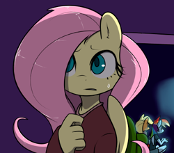 Size: 397x350 | Tagged: safe, artist:slypon, imported from derpibooru, applejack, fluttershy, rainbow dash, anthro, earth pony, pegasus, clothes, explicit source, female, sweat, sweater, sweatershy