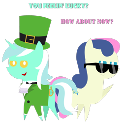 Size: 2000x2000 | Tagged: safe, artist:sketchmcreations, imported from derpibooru, bon bon, lyra heartstrings, sweetie drops, earth pony, pony, unicorn, green hat, hat, lidded eyes, looking at you, lyrish, open mouth, pointy ponies, saint patrick's day, secret agent sweetie drops, simple background, smiling, sunglasses, top hat, transparent background, waving