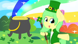 Size: 3840x2160 | Tagged: safe, artist:mintysketch, imported from derpibooru, oc, oc only, oc:minty sketch, earth pony, pony, female, high res, leprechaun, open mouth, pot of gold, rainbow, saint patrick's day, solo