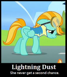 Size: 492x567 | Tagged: safe, edit, edited screencap, imported from derpibooru, screencap, lightning dust, pegasus, pony, wonderbolts academy, clothes, demotivational poster, discussion in the comments, female, goggles, grammar error, lightning dust drama, mare, meme, sad, solo, uniform, wonderbolt trainee uniform