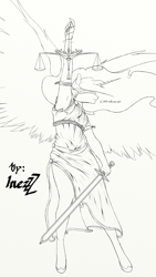 Size: 768x1366 | Tagged: safe, artist:kys-inez, imported from derpibooru, princess celestia, anthro, armpits, blindfold, clothes, dress, female, justice, justitia, lady justice (goddess), monochrome, scales, simple background, solo, spread wings, sword, vulgar, weapon