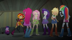 Size: 1100x618 | Tagged: safe, imported from derpibooru, screencap, applejack, fluttershy, pinkie pie, rainbow dash, rarity, sunset shimmer, twilight sparkle, equestria girls, rainbow rocks, boots, bracelet, clothes, cowboy boots, female, high heel boots, humane five, humane seven, humane six, jacket, jewelry, leather jacket, legs, mane six, raised leg, rear view, skirt, sleeveless, socks, tanktop, wristband