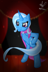 Size: 1024x1524 | Tagged: safe, artist:flutterish, imported from derpibooru, trixie, pony, unicorn, bipedal, female, solo, stage