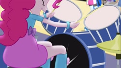Size: 1100x618 | Tagged: safe, imported from derpibooru, screencap, pinkie pie, rainbow dash, equestria girls, rainbow rocks, boots, bracelet, cymbals, drum kit, drumming, drums, drumsticks, electric guitar, female, guitar, high heel boots, jewelry, musical instrument, rear view
