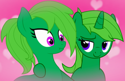 Size: 1120x720 | Tagged: safe, artist:kitana762, imported from derpibooru, oc, oc only, oc:lime dream, oc:mirelani, earth pony, pony, unicorn, female, heart, lesbian, lidded eyes, mare, scrunchy face, shipping, smiling