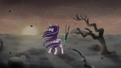 Size: 3800x2159 | Tagged: safe, artist:ilynalta, imported from derpibooru, starlight glimmer, pony, unicorn, alternate timeline, ashlands timeline, barren, female, high res, implied genocide, levitation, magic, mare, post-apocalyptic, s5 starlight, solo, staff, staff of sameness, telekinesis, wasteland, wind, windswept mane