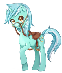 Size: 458x534 | Tagged: safe, artist:shiwizilla, imported from derpibooru, lyra heartstrings, bit, bridle, cropped, cute, female, reins, saddle, simple background, solo, stirrups, tack, white background