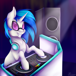 Size: 3897x3893 | Tagged: safe, artist:vavaig69, imported from derpibooru, dj pon-3, vinyl scratch, pony, audio equipment, bipedal, female, grin, looking at you, smiling, solo, speaker, speakers, spotlight, sunglasses, turntable