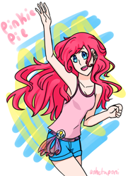 Size: 1446x1994 | Tagged: safe, artist:hetalianpony, imported from derpibooru, pinkie pie, human, abstract background, armpits, clothes, colored pupils, female, humanized, light skin, open mouth, shorts, signature, solo, tanktop, waving