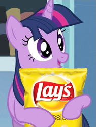 Size: 453x600 | Tagged: safe, edit, imported from derpibooru, twilight sparkle, pony, unicorn, /mlp/, 4chan, chips, cute, exploitable meme, female, food, hug, lays, meme, open mouth, ponies just love lays, potato chips, smiling, solo, twilight holding food
