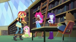 Size: 1100x618 | Tagged: safe, imported from derpibooru, screencap, angel bunny, applejack, fluttershy, pinkie pie, rarity, sunset shimmer, equestria girls, friendship games, arm behind head, backpack, book, boots, bracelet, chair, clothes, cowboy boots, high heel boots, jacket, jewelry, ladder, leather jacket, library, mirror, skirt, table
