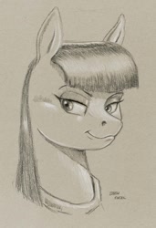Size: 1000x1460 | Tagged: safe, artist:baron engel, imported from derpibooru, maud pie, earth pony, pony, bust, female, mare, monochrome, pencil drawing, portrait, sketch, smiling, solo, traditional art