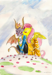 Size: 2431x3462 | Tagged: safe, artist:souleatersaku90, imported from derpibooru, fluttershy, dragon, pegasus, pony, beauty and the beast, blushing, cheek kiss, clothes, crack shipping, crossover, crossover shipping, dress, eyes closed, female, flutterspyro, kiss on the cheek, kissing, male, mare, raised hoof, shipping, spread wings, spyro the dragon, spyro the dragon (series), straight, traditional art, watercolor painting