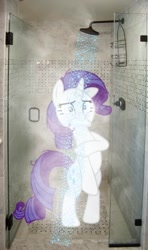 Size: 406x686 | Tagged: safe, imported from derpibooru, rarity, bathroom, blushing, covering, embarrassed, female, implied nudity, naked rarity, shower, solo, steam, we don't normally wear clothes