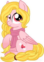 Size: 600x835 | Tagged: safe, artist:tambelon, imported from derpibooru, oc, oc only, oc:smitten sweets, pegasus, pony, clothes, female, folded wings, looking at you, mare, raised hoof, scarf, simple background, sitting, solo, transparent background