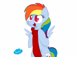 Size: 4000x3000 | Tagged: safe, artist:banned, imported from derpibooru, rainbow dash, pony, bipedal, clothes, cute, dashabetes, female, looking up, no pupils, open mouth, scarf, simple background, smiling, solo, spread wings, white background