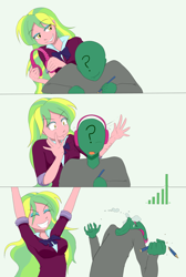 Size: 2550x3800 | Tagged: safe, artist:janji009, imported from derpibooru, lemon zest, oc, oc:anon, equestria girls, friendship games, :3, anonbuse, clothes, crystal prep academy uniform, duo, ear rape, eyes closed, foaming at the mouth, grin, headphones, pencil, school uniform, smiling, this will end in deafness