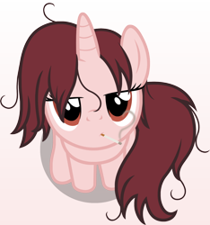 Size: 1324x1415 | Tagged: safe, artist:badumsquish, derpibooru exclusive, imported from derpibooru, part of a set, oc, oc only, oc:report, pony, unicorn, badumsquish's kitties, cigarette, derpibooru ponified, female, looking at you, looking up, looking up at you, messy mane, sitting, smoking, solo, unamused